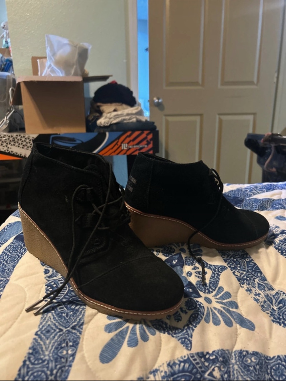 Toms Black Suede Lace-Up Wedge Ankle Boots